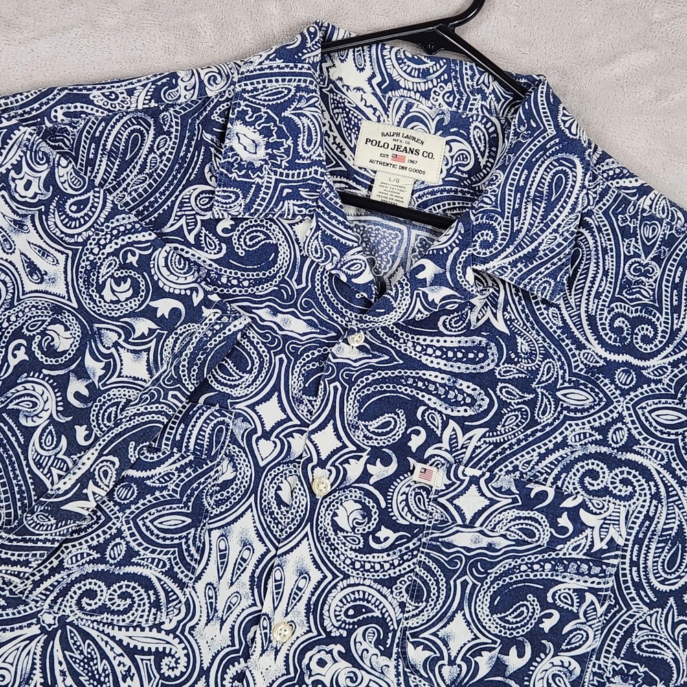 Ralph Lauren Polo Jeans Co Shirt Mens Large Blue Paisley Short Sleeve Button Up